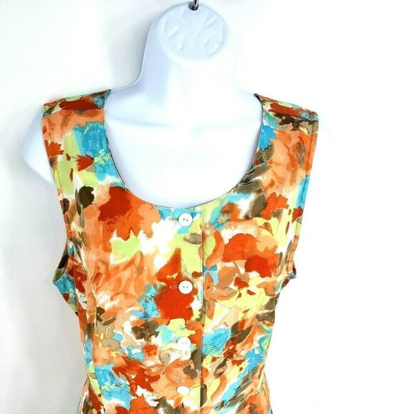 Y2K Multicolor Midi Dress Buttons Front Tie Waist Sleeveless Tie Waist Prairie - Picture 3 of 11